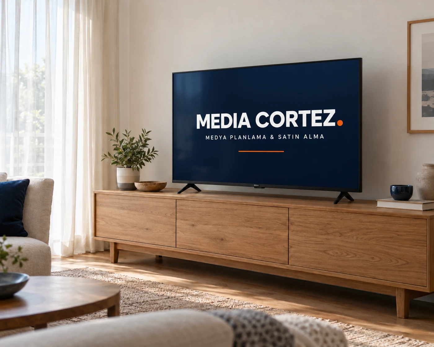 Doğal bir ev ortamında televizyonda Media Cortez medya planlama ve satın alma tanıtımı